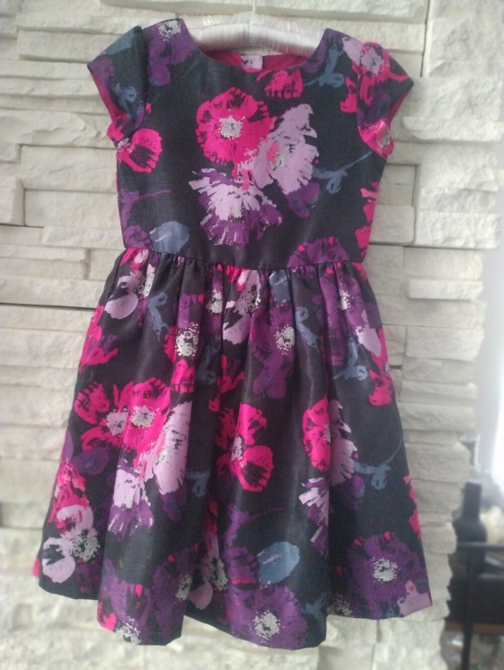 Girls Floral Fit-and-Flare Dress in Black with Pink & Purple Flowers